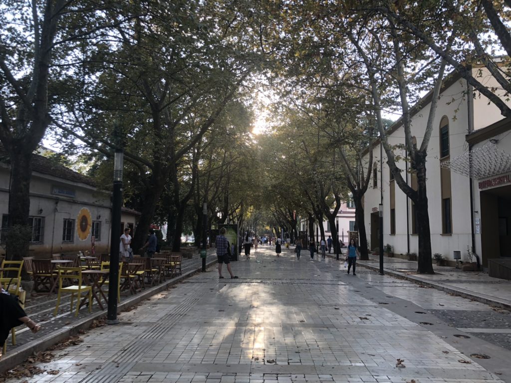 Rue pavée en face du château de Tirana